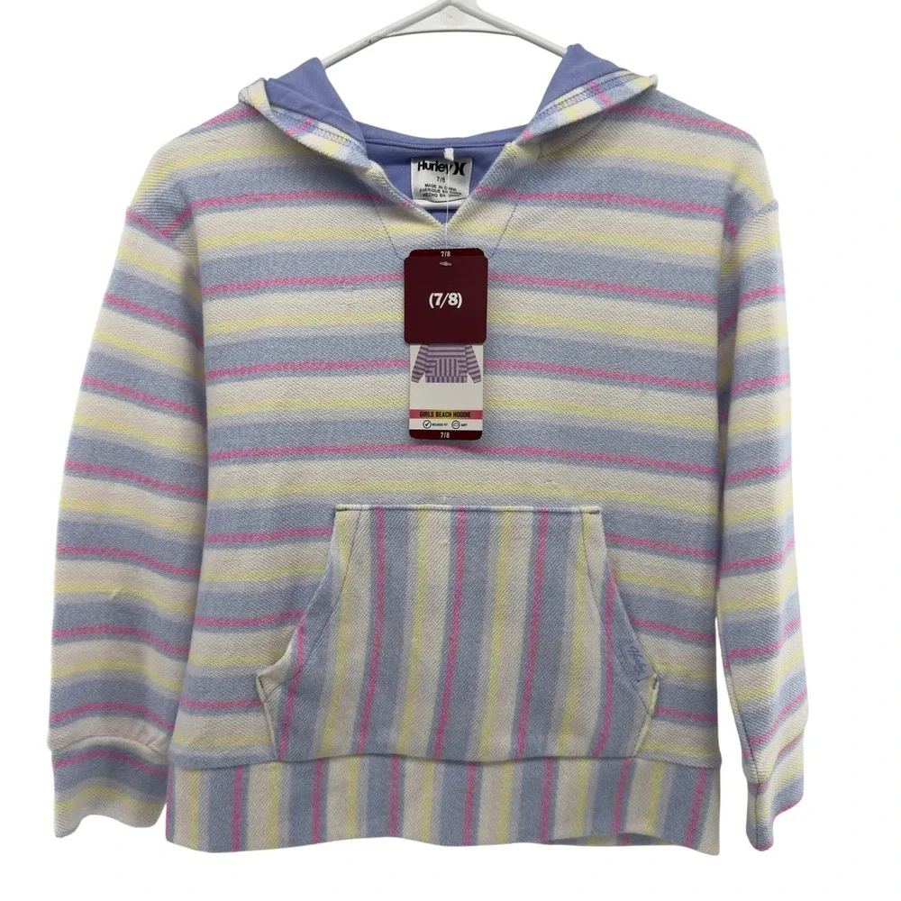 NEW Hurley Girls Beach Hoodie Striped Pullover Sweatshirt Blue Pink Yellow 7/8‎